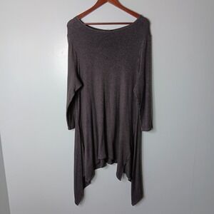 Lisa Bayne Tunic Top Women Size L Gray Asymmetrical Stretch Lagenlook 3/4 Sleeve